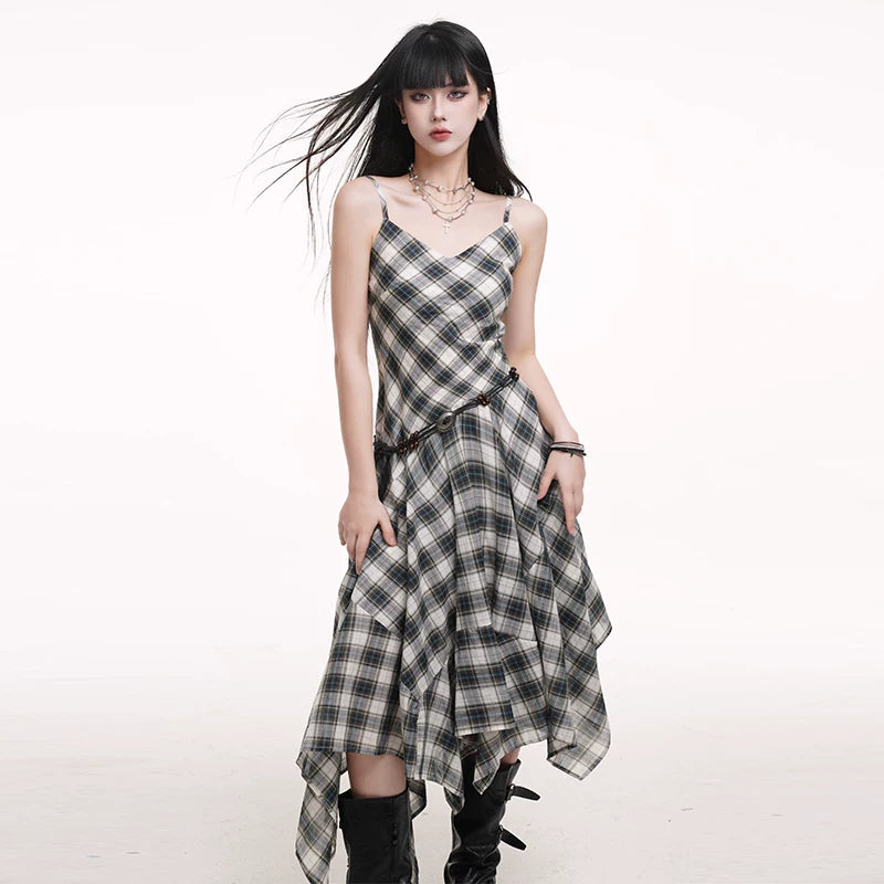 Plaid Asymmetrical Suspender Maxi Dress for Women – A-Line Flowy Long Dress