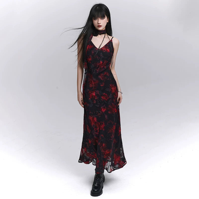 Women’s Black and Red Floral Suspender Midi Dress – A-Line for Summer and Events