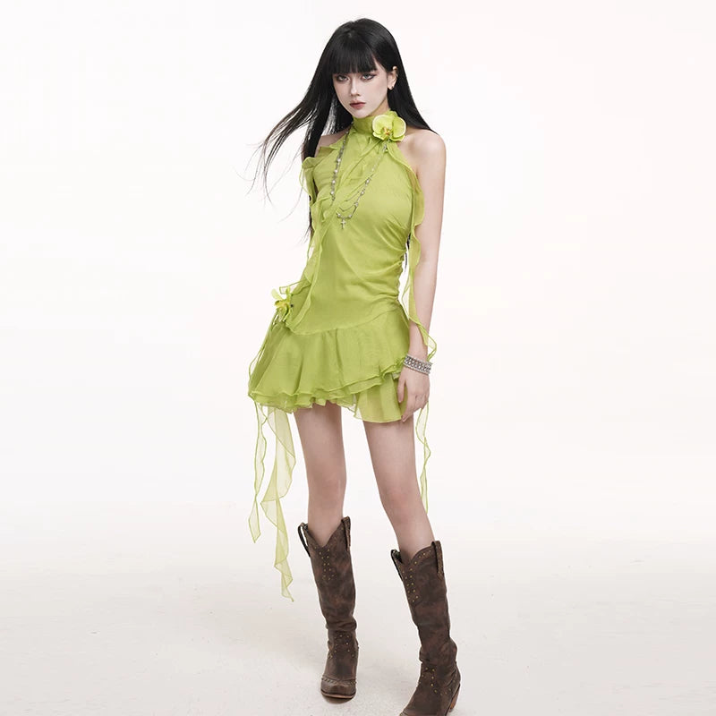 Green A-Line Mini Dress for Women – Waist-Cinching Summer Dress