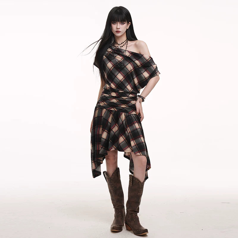 Plaid One-Shoulder Mini Dress for Women – Asymmetrical Sleeveless Dress