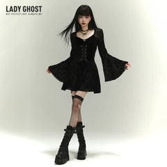 Women’s Black Gothic Midi Dress – Retro Style A-Line Dress for Parties