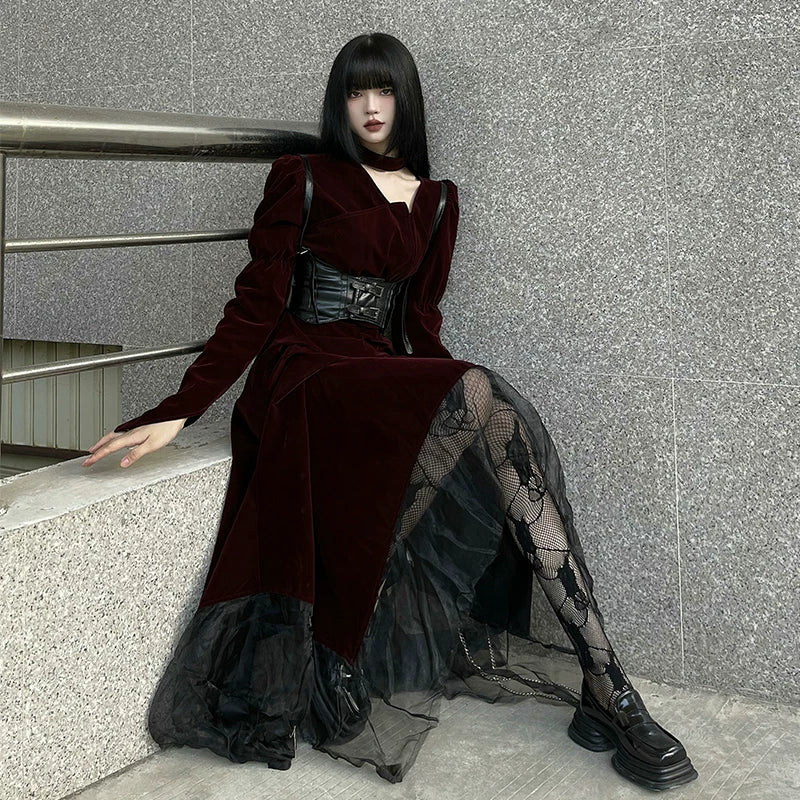 Red Gothic Maxi Dress for Women – A-Line Long Dress