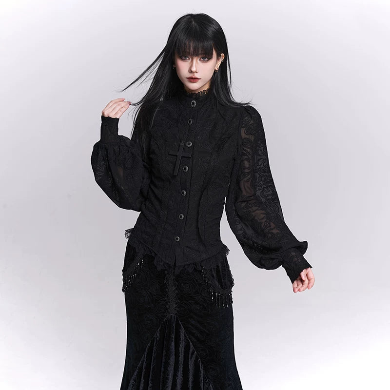 Women’s Black Jacquard Blouse – Waist-Cinching Slim Fit Top