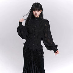 Women’s Black Jacquard Blouse – Waist-Cinching Slim Fit Top
