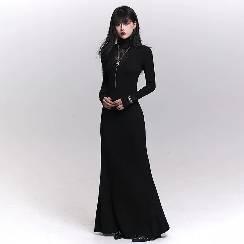 Women’s Black Gothic Maxi Dress – Long Sleeve A-Line Dark Style Layering Dress
