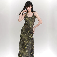 Green Butterfly Print Suspender Maxi Dress for Women – Fitted Summer Dress