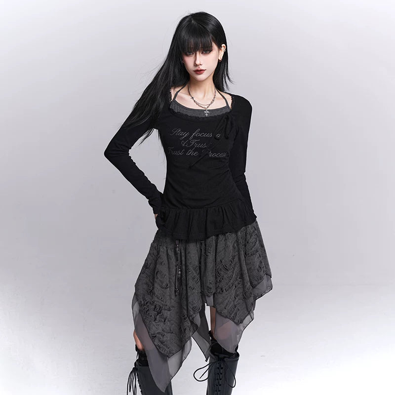 Women’s Black Halter Neck Top – Faux Two-Piece Long Sleeve Slim Fit Top