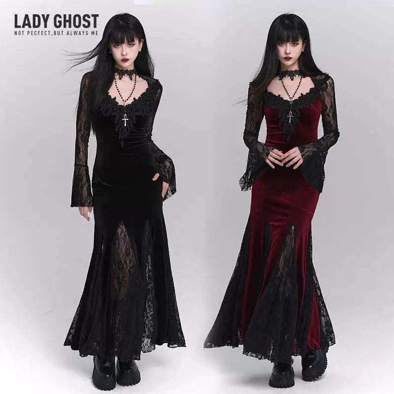 Red Gothic A-Line Maxi Dress for Women – Elegant Long Sleeve Dress
