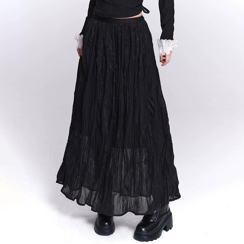 Women’s Black Pleated Lace Panel Maxi Skirt – A-Line Long Skirt