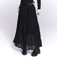 Women’s Black Pleated Lace Panel Maxi Skirt – A-Line Long Skirt