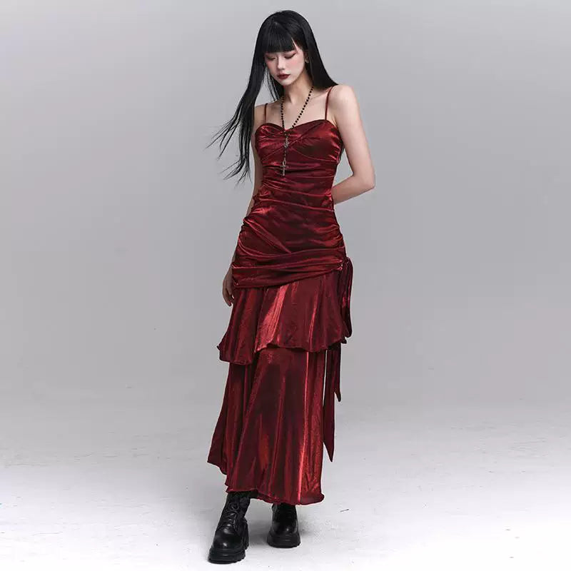 Dark Red A-Line Suspender Maxi Dress for Women – Elegant Gothic-Inspired Evening Dress
