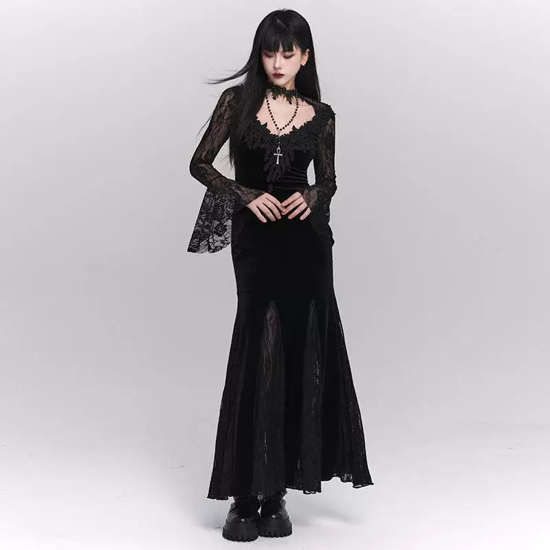 Red Gothic A-Line Maxi Dress for Women – Elegant Long Sleeve Dress
