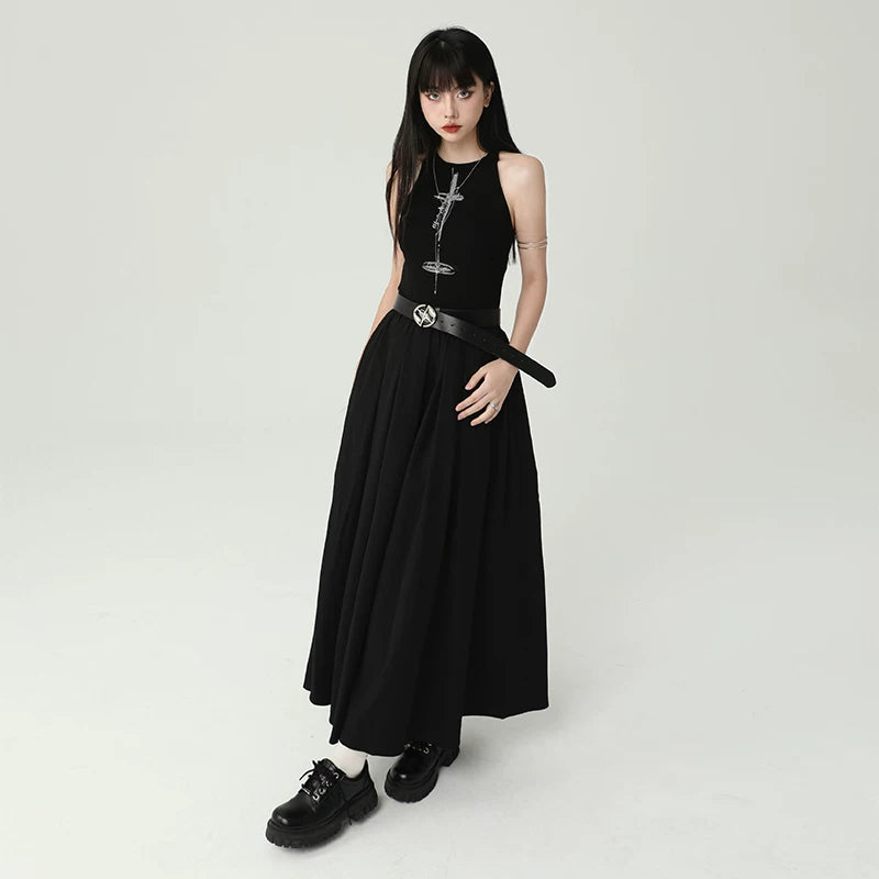 Women’s Black Suspender Maxi Dress – Gothic Style A-Line Long Dress