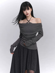Gray Off Shoulder Top for Women – Layered Fitted Top