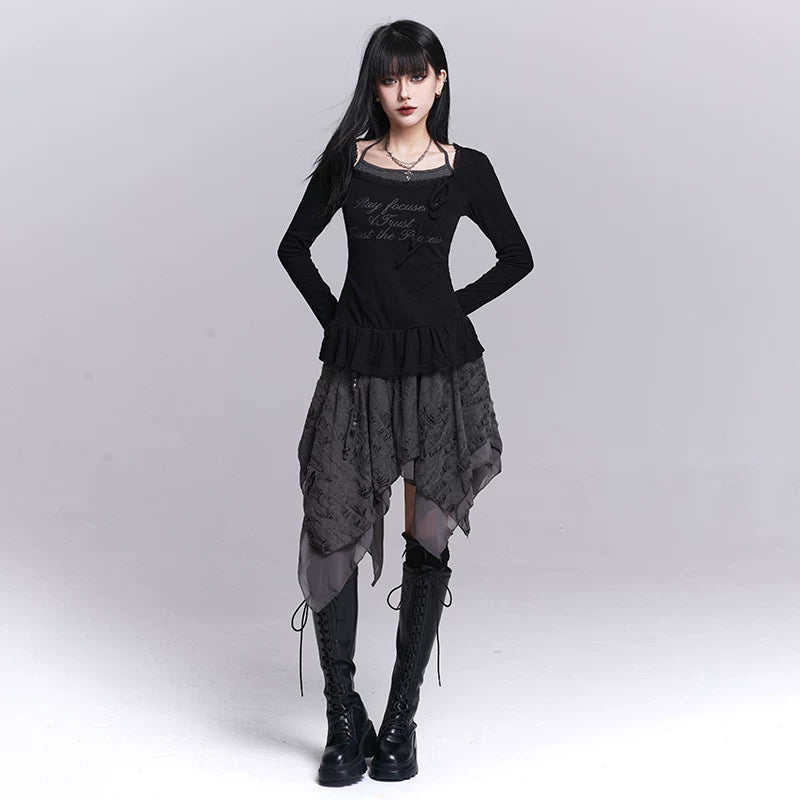 Women’s Black Halter Neck Top – Faux Two-Piece Long Sleeve Slim Fit Top