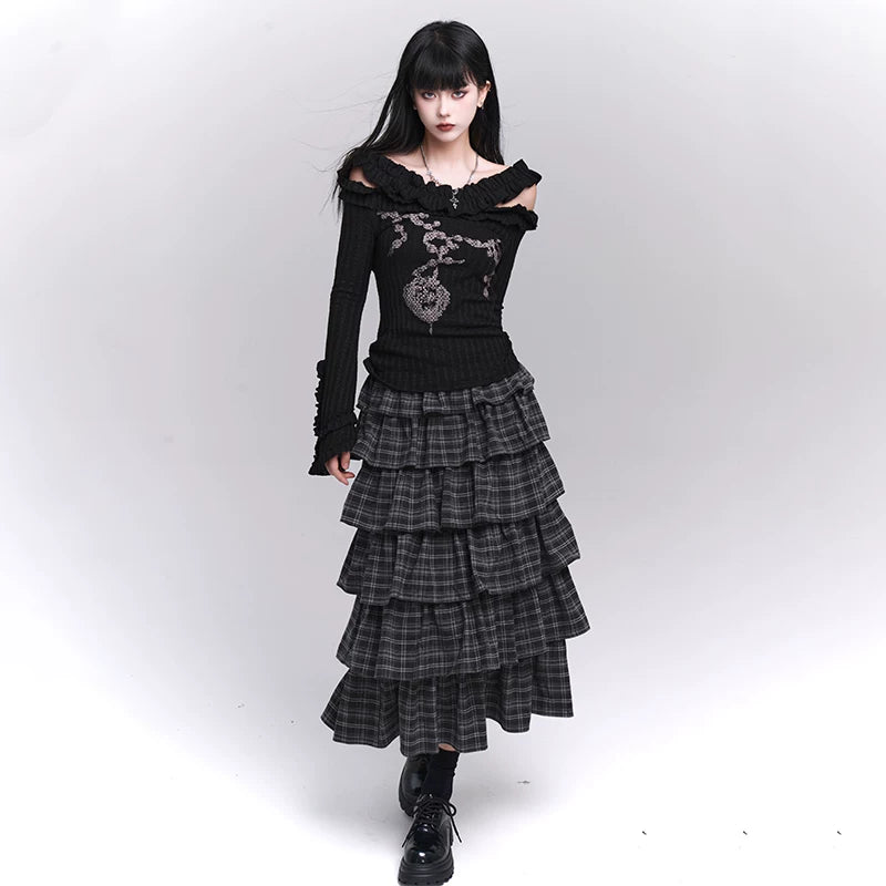 Women’s Plaid Tiered Maxi Skirt – High-Waisted A-Line Skirt for Spring