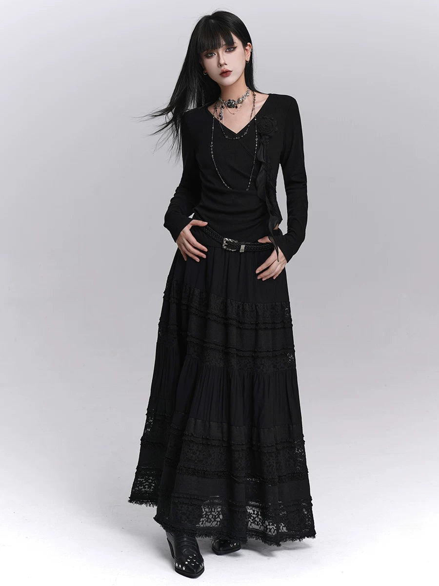 Black Lace A-Line Maxi Skirt for Women – High-Waisted Skirt