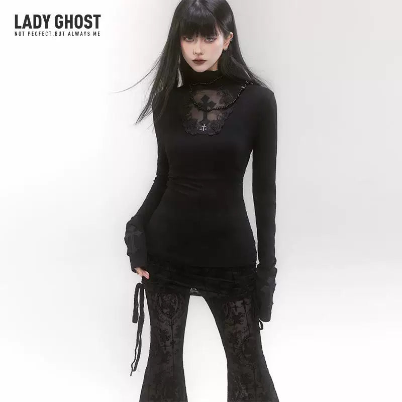 Black High Neck Fitted Top for Women – Long Sleeve Gothic-Inspired Shirt