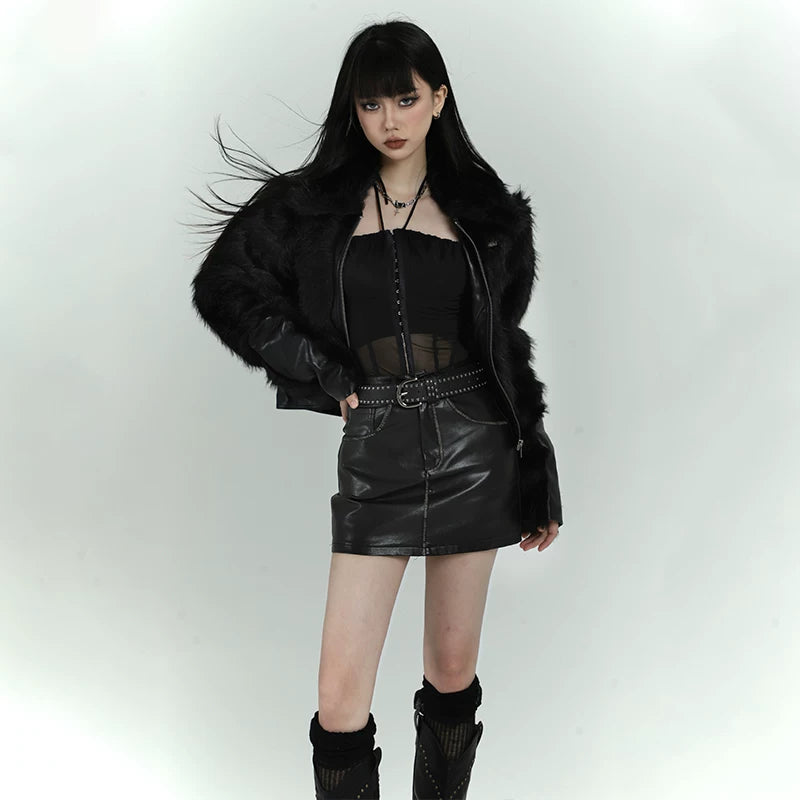 Black Faux Fur Jacket for Women – Short Plush Winter Coat