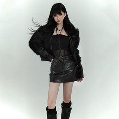 Black Faux Fur Jacket for Women – Short Plush Winter Coat