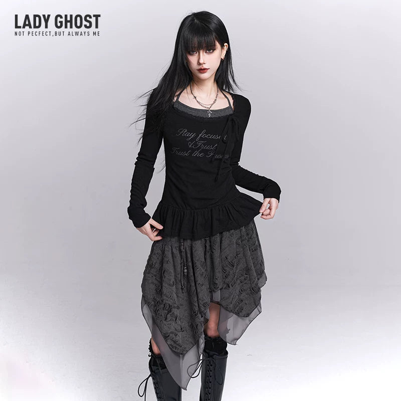 Women’s Black Halter Neck Top – Faux Two-Piece Long Sleeve Slim Fit Top