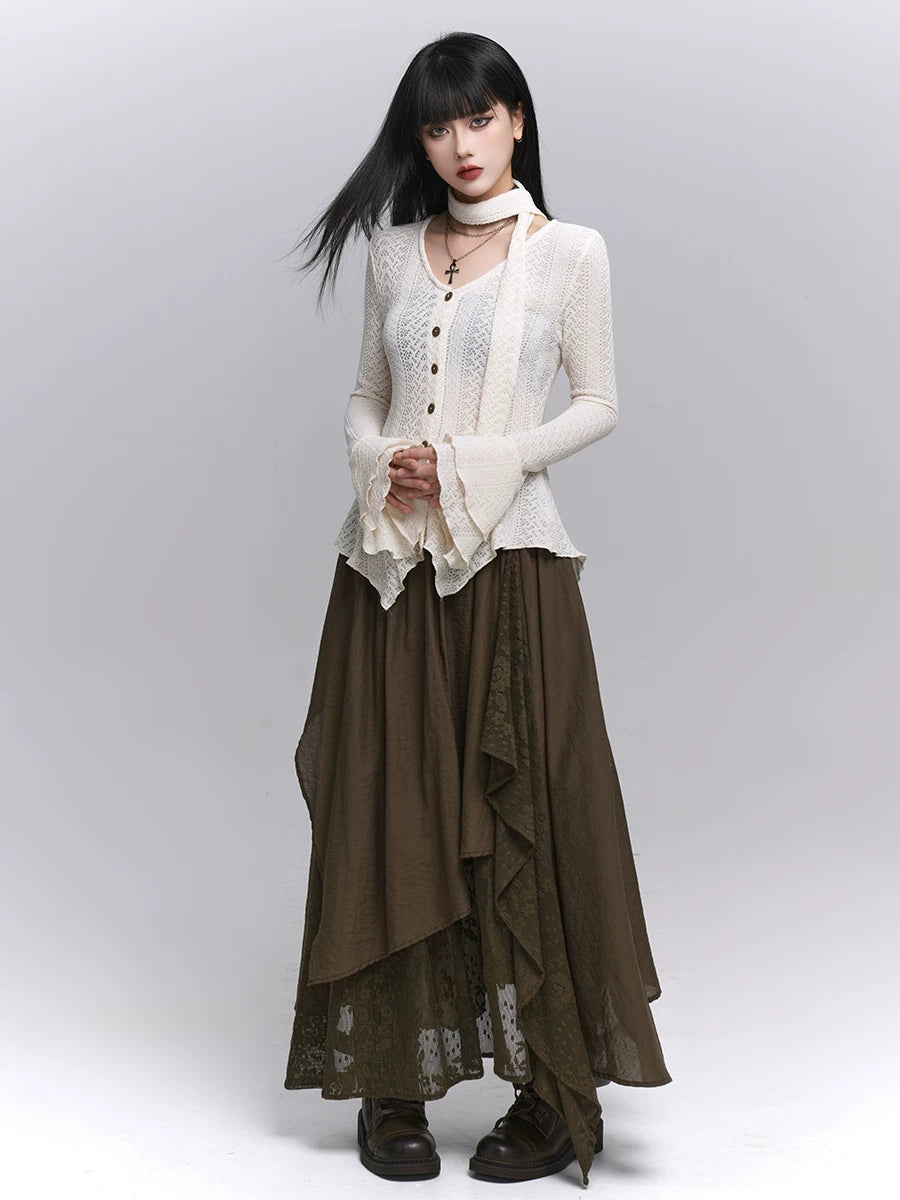 Brown A-Line Maxi Skirt for Women – High-Waisted Fall Skirt