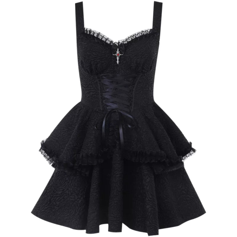 Women’s Black Suspender Puff Midi Dress – Gothic Style A-Line Dress