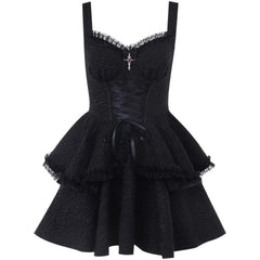 Women’s Black Suspender Puff Midi Dress – Gothic Style A-Line Dress