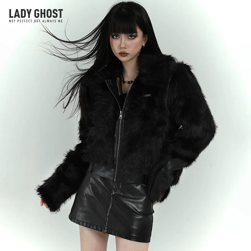 Black Faux Fur Jacket for Women – Short Plush Winter Coat
