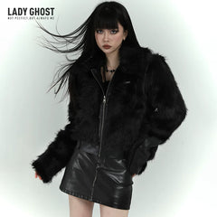 Black Faux Fur Jacket for Women – Short Plush Winter Coat