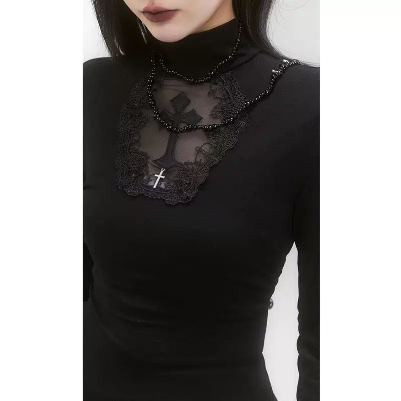 Black High Neck Fitted Top for Women – Long Sleeve Gothic-Inspired Shirt