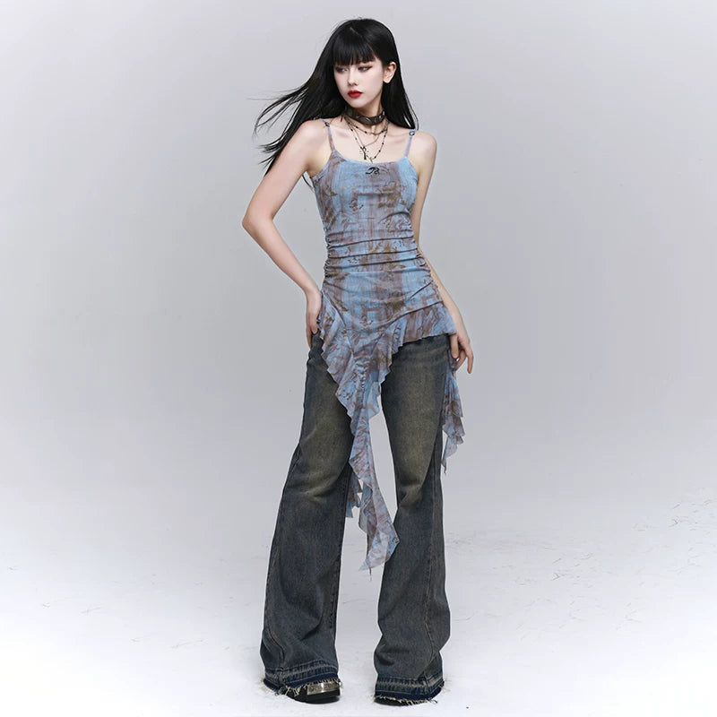 Black Ruffled Camisole Top for Women – Sleeveless Asymmetrical Hem Top