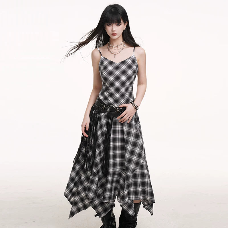 Black and White Plaid Suspender Mini Dress for Women – Asymmetrical A-Line Dress