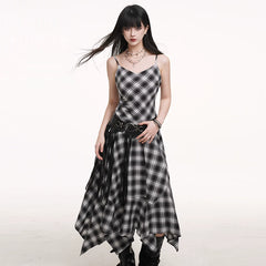 Black and White Plaid Suspender Mini Dress for Women – Asymmetrical A-Line Dress