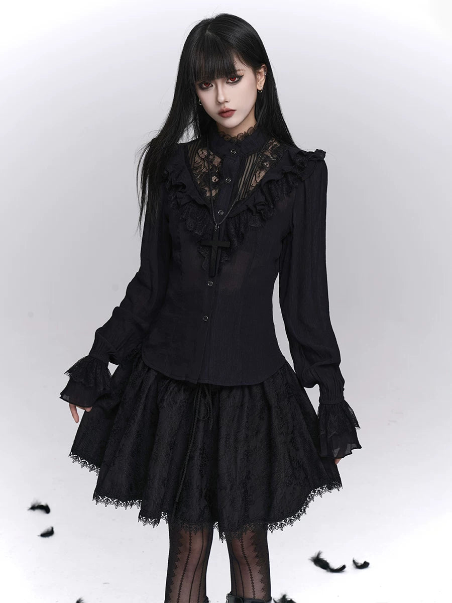 Women’s Black Long Sleeve Blouse – Gothic Style Structured Top