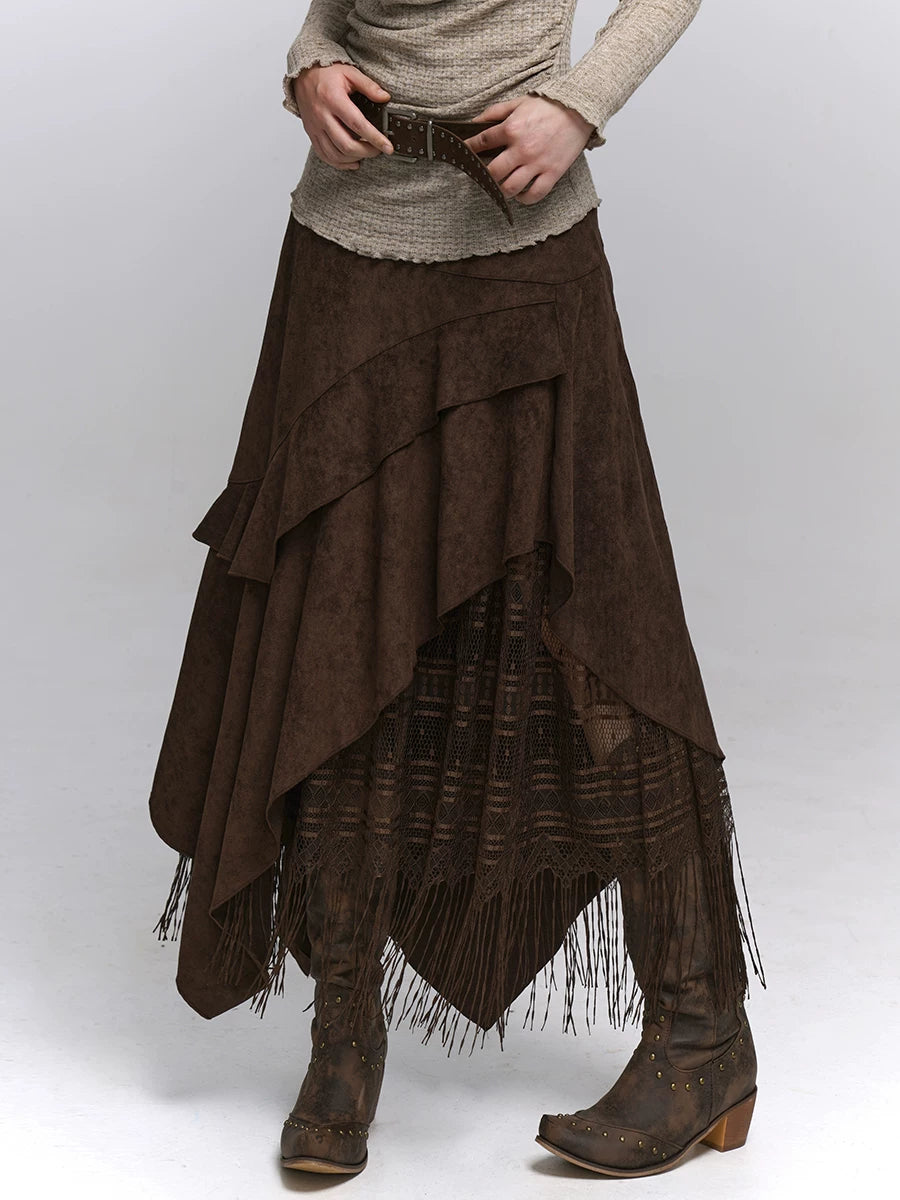 Suede Brown A-Line Maxi Skirt Set for Women – Long Sleeve Blouse, Vintage-Inspired Dark Academia Outfit