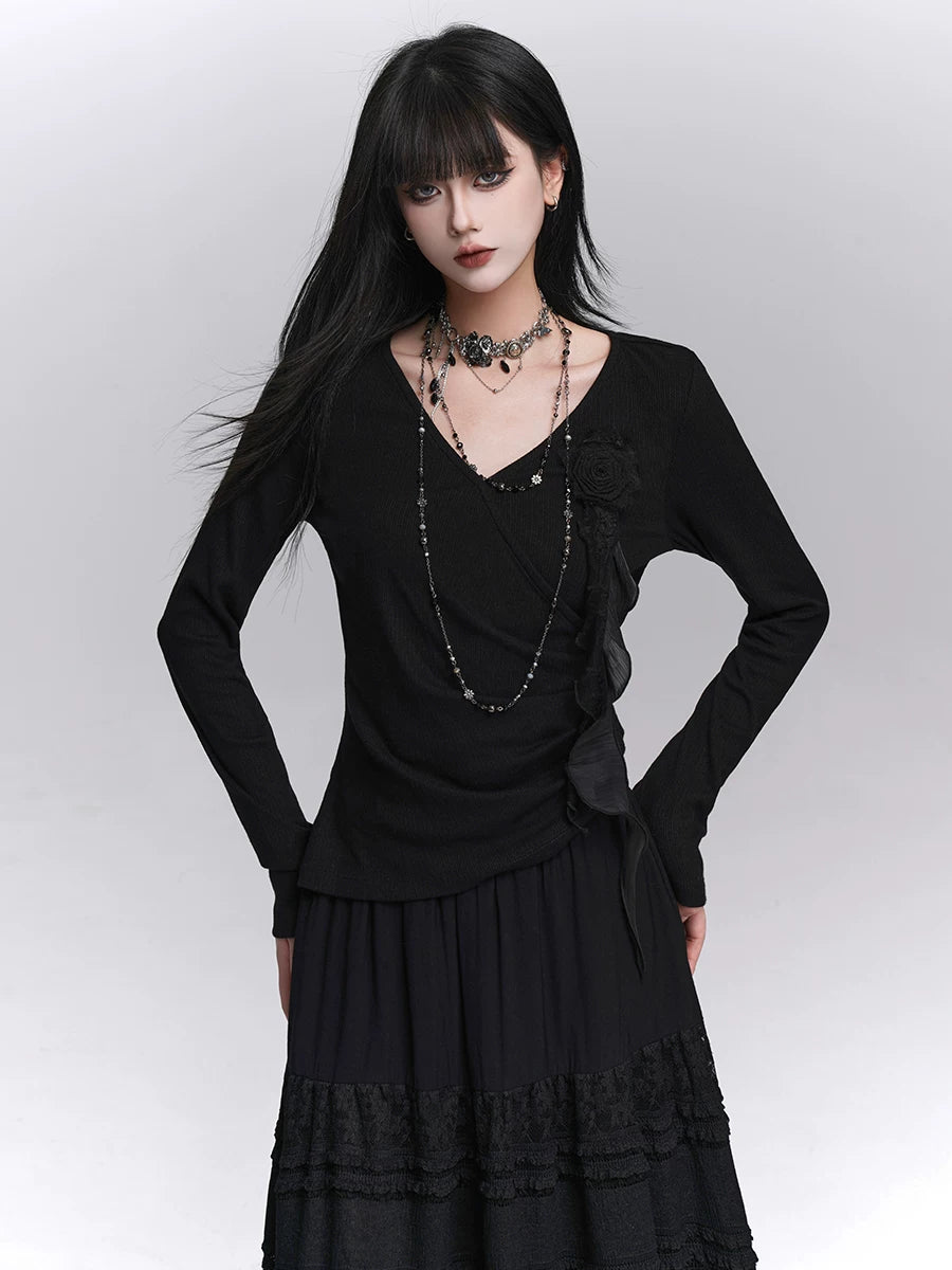 Black V-Neck Long Sleeve Top for Women – Fitted Slim Top