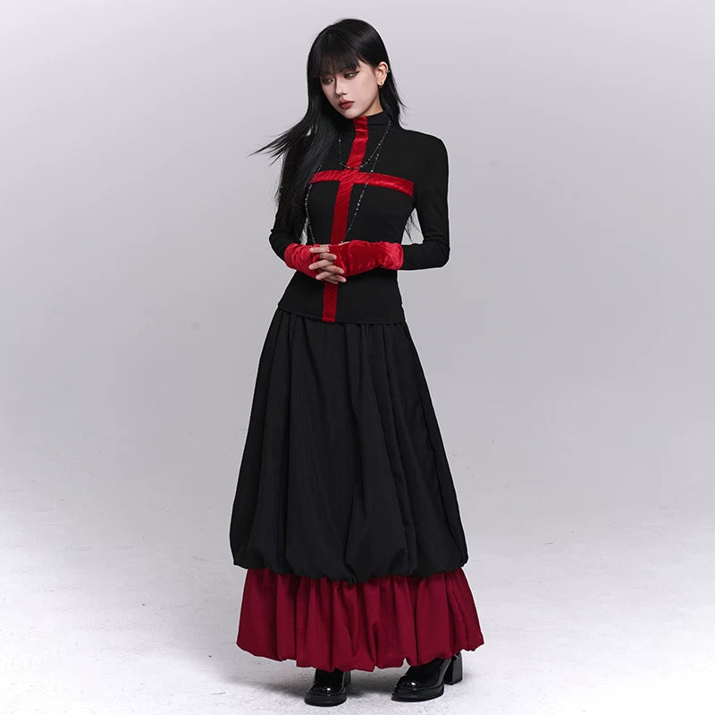 Women’s Black and Red Floral Maxi Skirt – A-Line Fall Winter Skirt