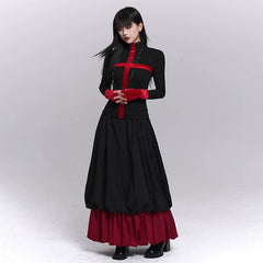 Women’s Black and Red Floral Maxi Skirt – A-Line Fall Winter Skirt