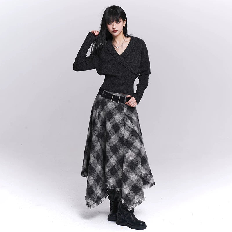 Women’s Black & Gray Plaid Cotton Linen Maxi Skirt – A-Line Long Skirt
