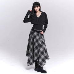 Women’s Black & Gray Plaid Cotton Linen Maxi Skirt – A-Line Long Skirt