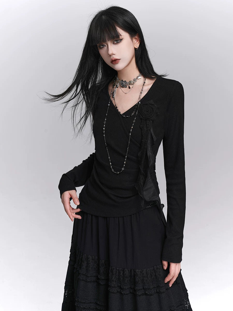 Black V-Neck Long Sleeve Top for Women – Fitted Slim Top