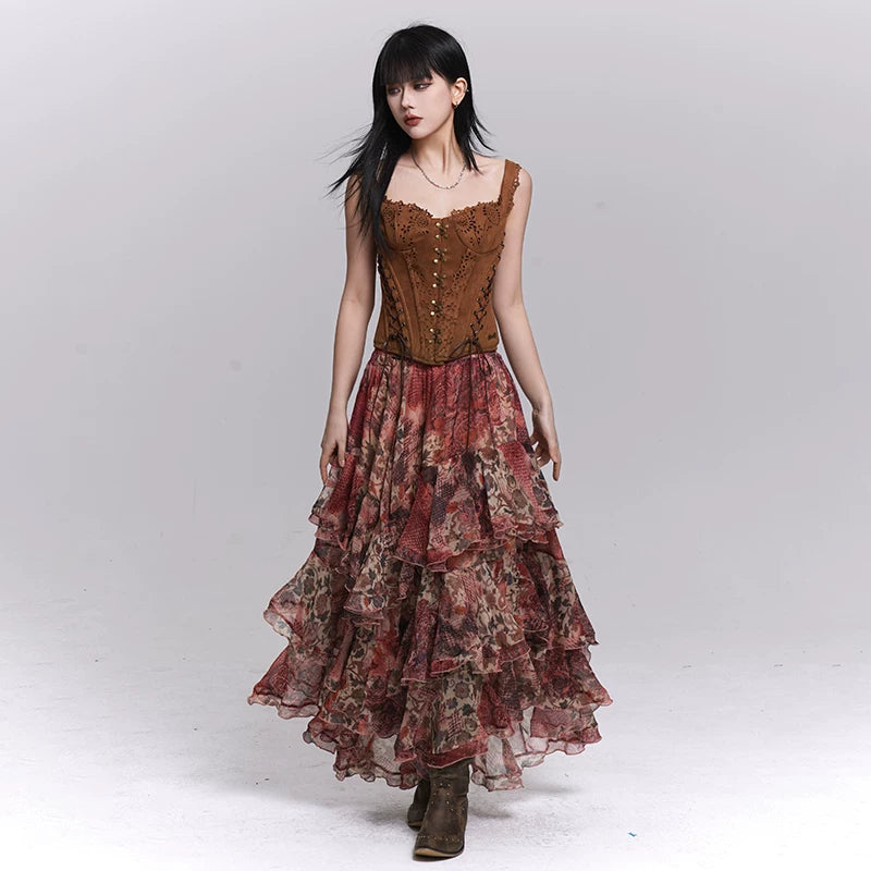 Women’s Red Floral Maxi Skirt – Tiered A-Line Long Skirt