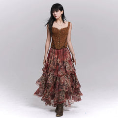 Women’s Red Floral Maxi Skirt – Tiered A-Line Long Skirt