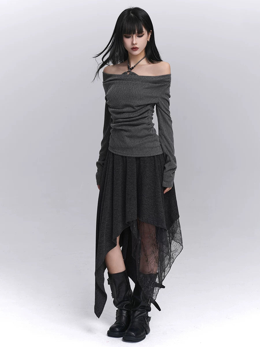 Gray Off Shoulder Top for Women – Layered Fitted Top