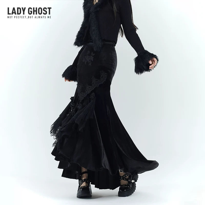 Black Velvet Mermaid Skirt for Women – Gothic-Inspired Maxi Skirt