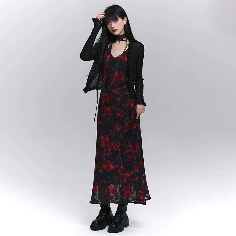 Women’s Black and Red Floral Suspender Midi Dress – A-Line for Summer and Events