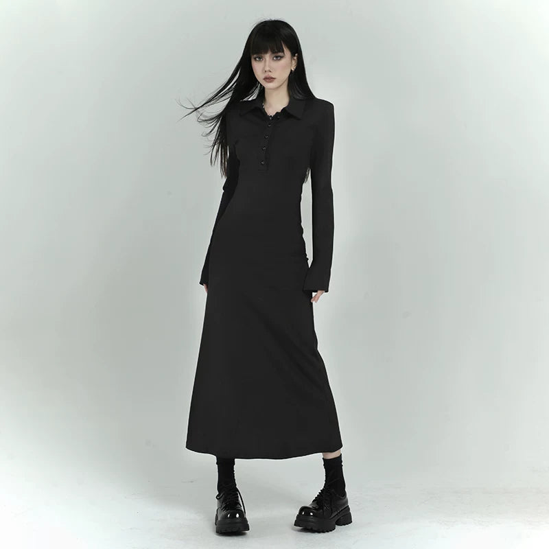 Black Long Sleeve Polo Dress for Women – Fitted Mini Shirt Dress