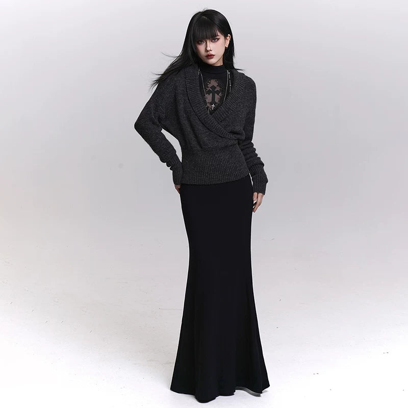 Women’s Black Gothic Maxi Dress – Long Sleeve A-Line Dark Style Layering Dress