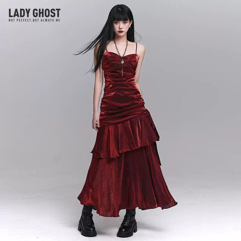 Dark Red A-Line Suspender Maxi Dress for Women – Elegant Gothic-Inspired Evening Dress